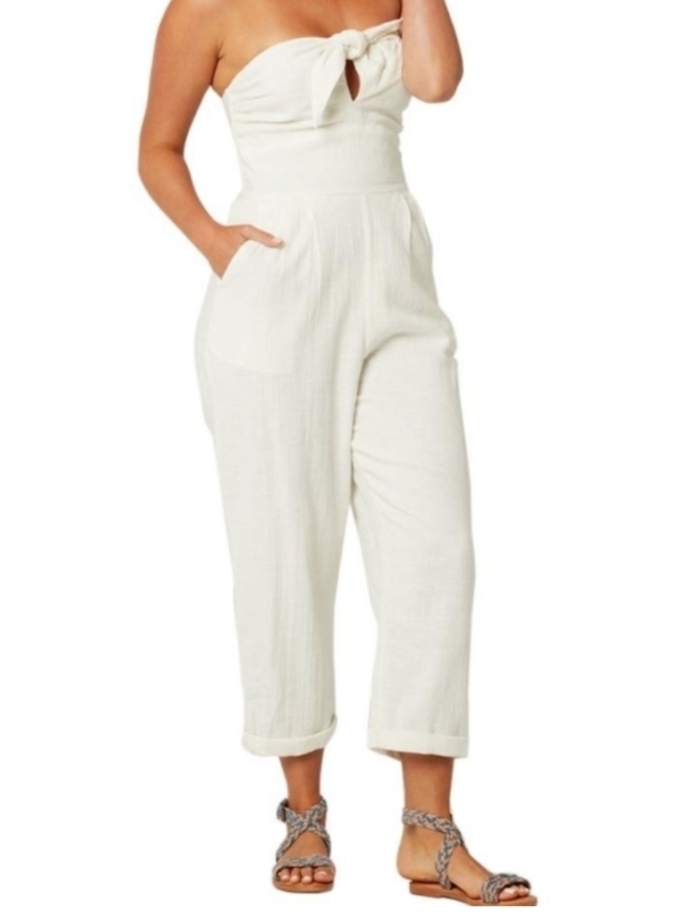 L*Space Strapless Tie-Front Cotton Jumpsuit in Ivory (small)